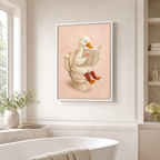 Funny Duck Bathroom Canvas Wall Art in a white frame