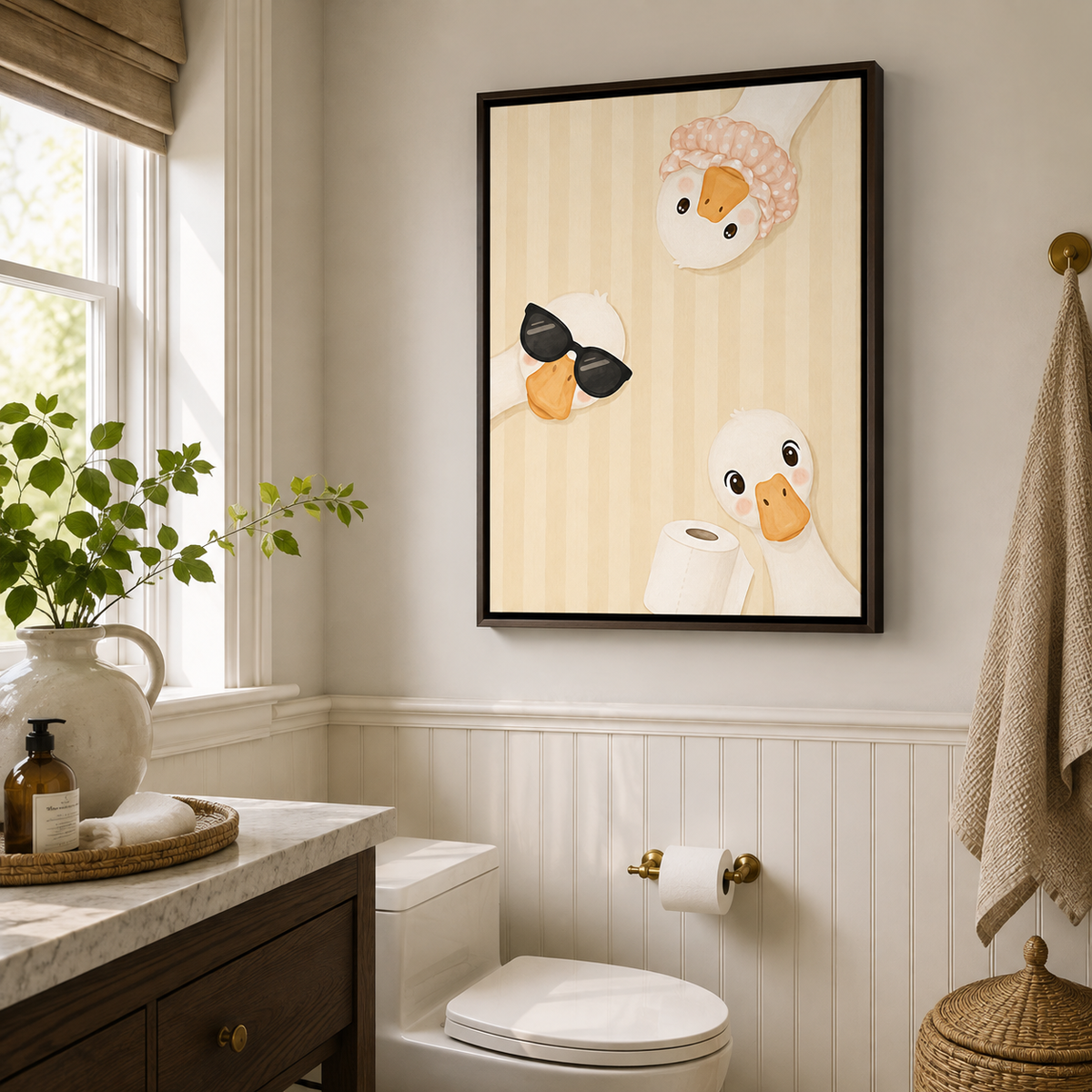 Funny Duck Bathroom Canvas Wall Art with three ducks in an espresso frame