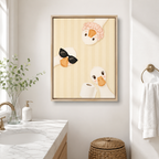 Funny Duck Bathroom Canvas Wall Art with three ducks in a natural wood frame