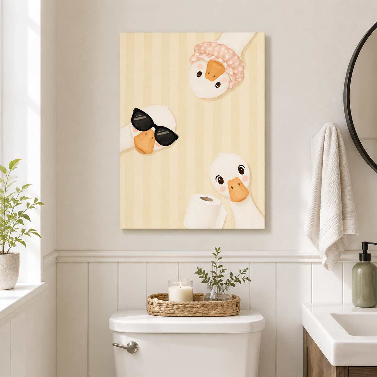 Funny Duck Bathroom Canvas Wall Art with three ducks unframed