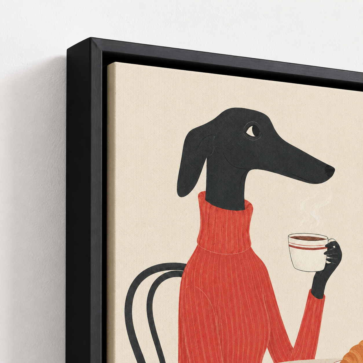 Greyhound coffee canvas wall art black frame close-up