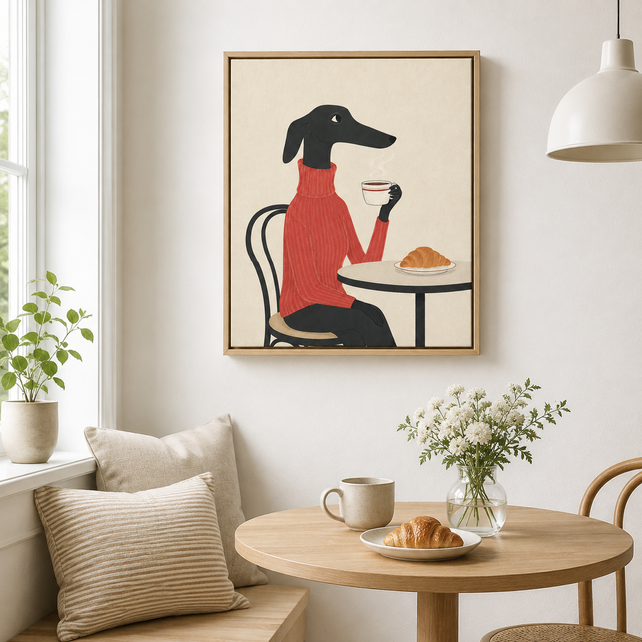 Greyhound coffee canvas wall art in breakfast nook mockup
