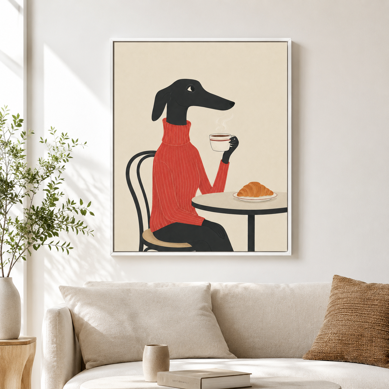 Greyhound coffee canvas wall art in living room mockup