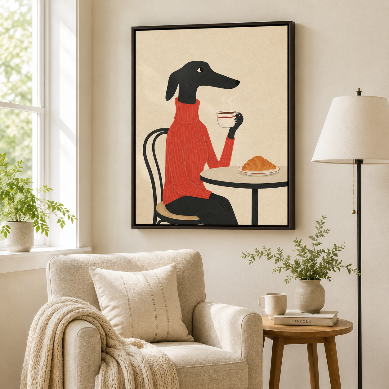 Greyhound coffee canvas wall art in reading corner mockup