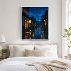 Japanese rainy street canvas art above bed mockup