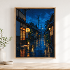 Japanese night street canvas wall art closeup natural frame mockup