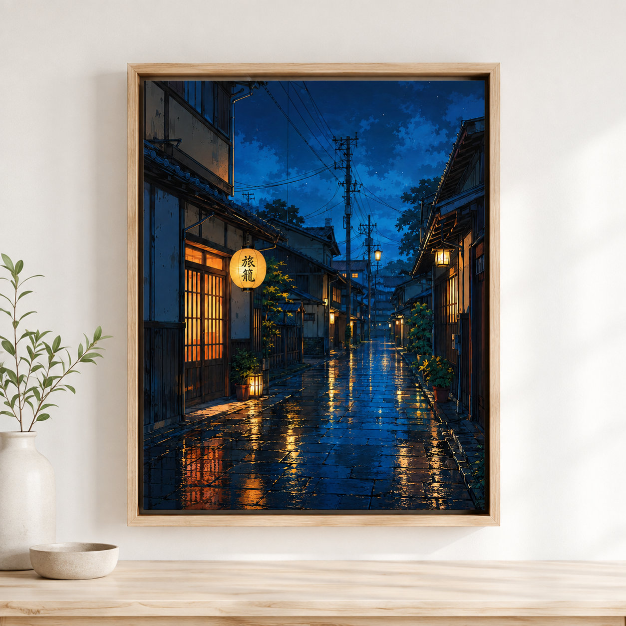 Japanese night street canvas wall art closeup natural frame mockup