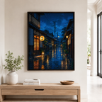 Japanese night street canvas wall art in entryway mockup