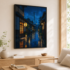 Japanese rainy street canvas wall art angled living room mockup