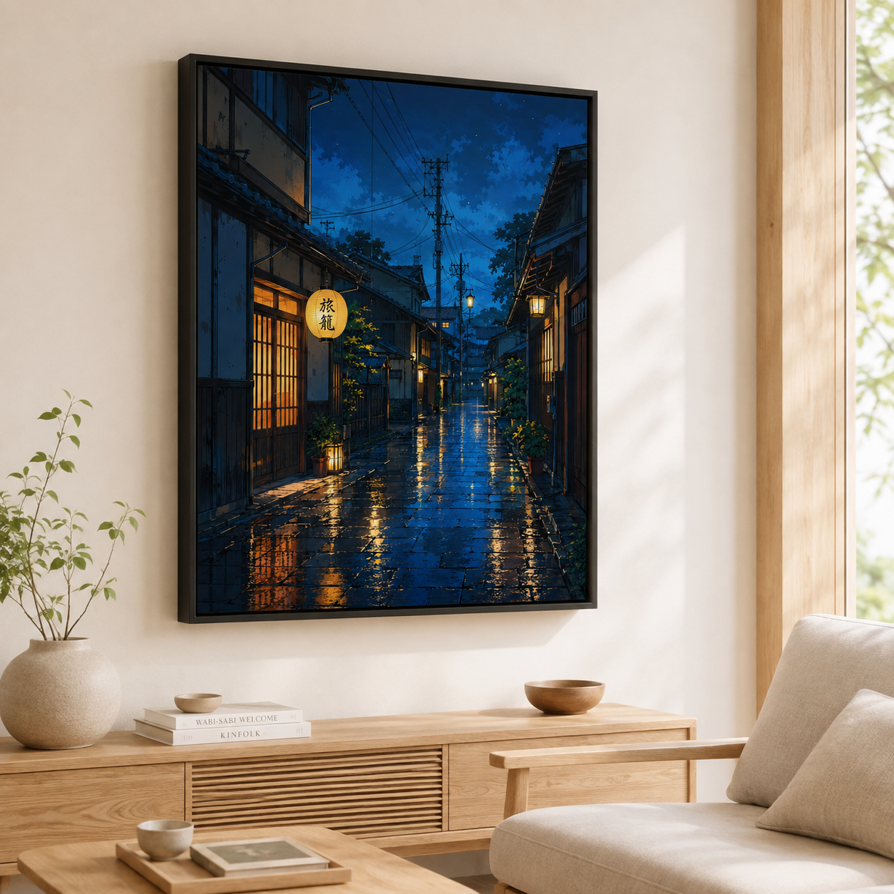 Japanese rainy street canvas wall art angled living room mockup
