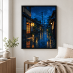 Japanese night street canvas wall art in bedroom mockup