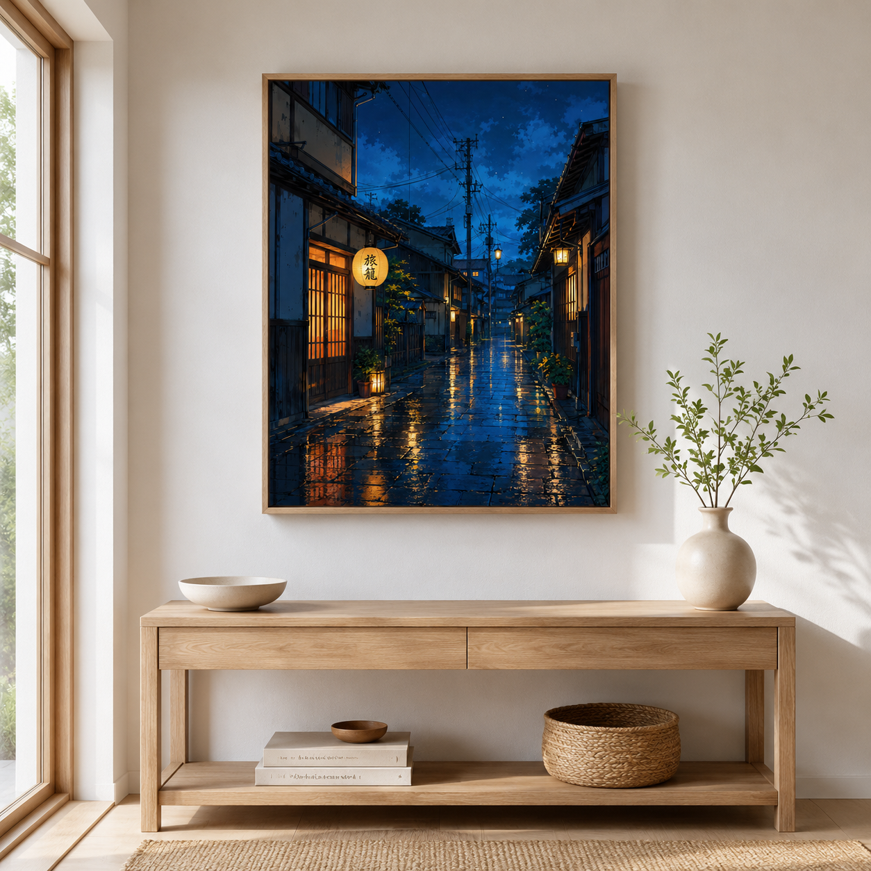 Japanese night street wall art natural frame mockup