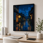 Japanese rainy street canvas art home office mockup