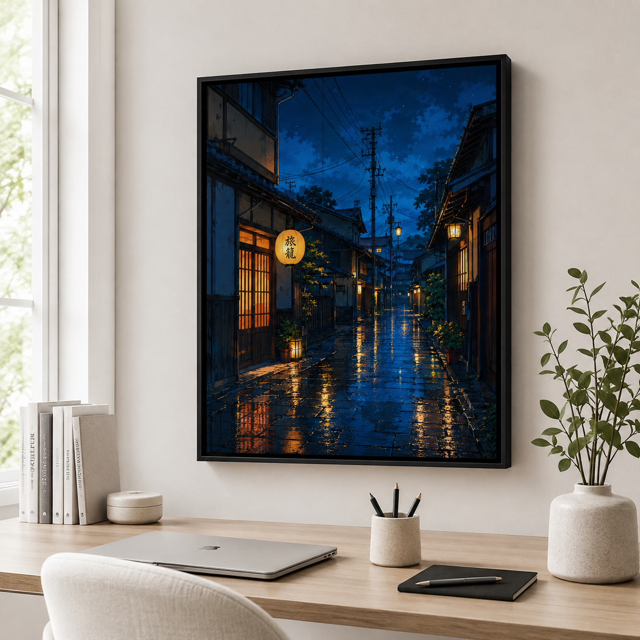 Japanese rainy street canvas art home office mockup