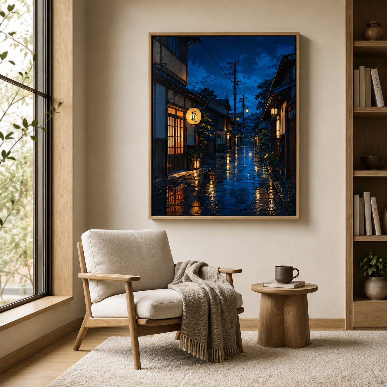 Japanese night street canvas wall art reading corner mockup