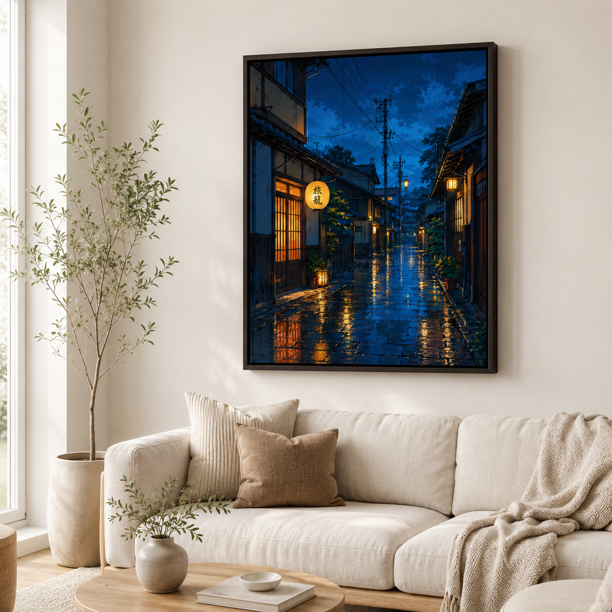 Japanese rainy night street canvas art above sofa mockup