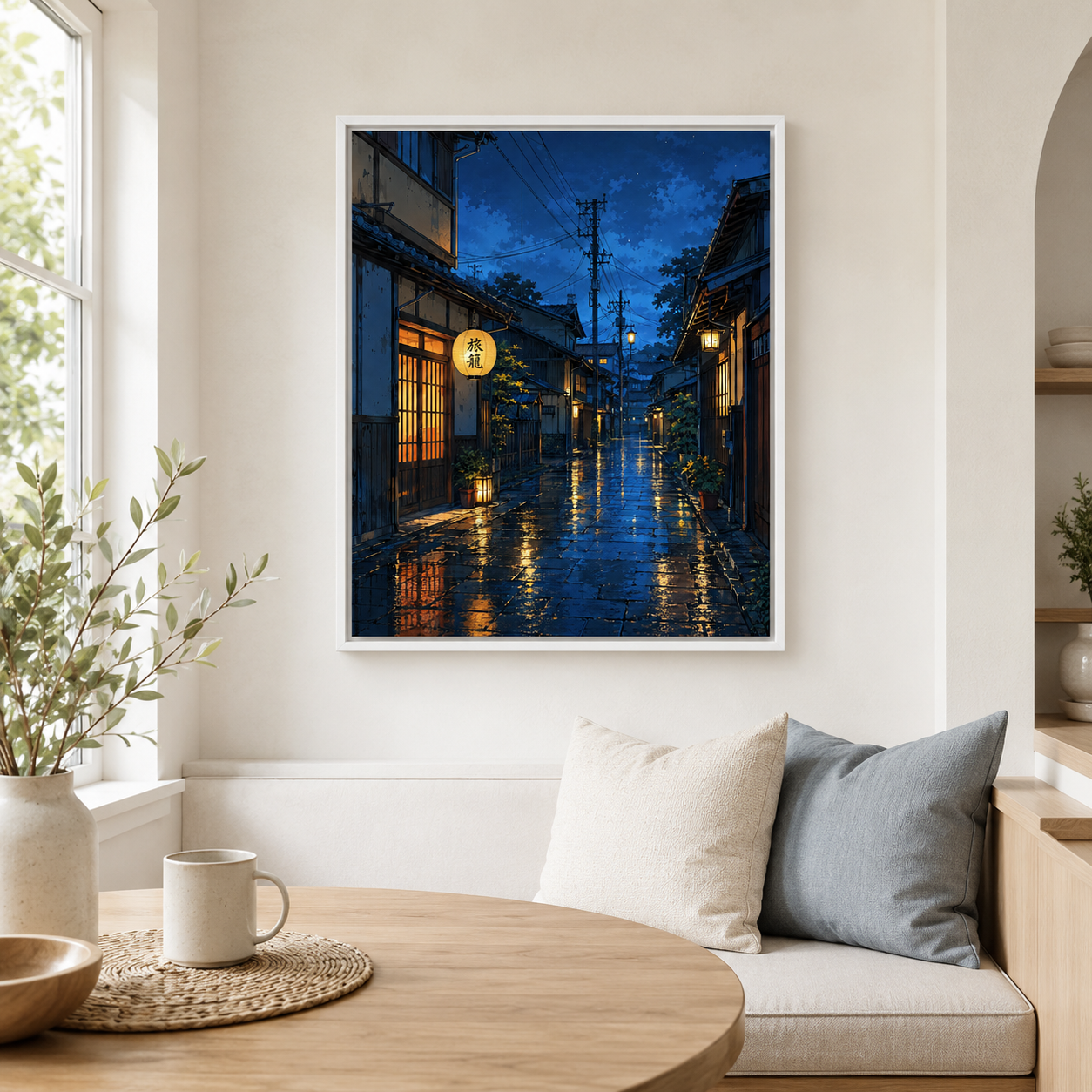Japanese night street canvas wall art white frame mockup