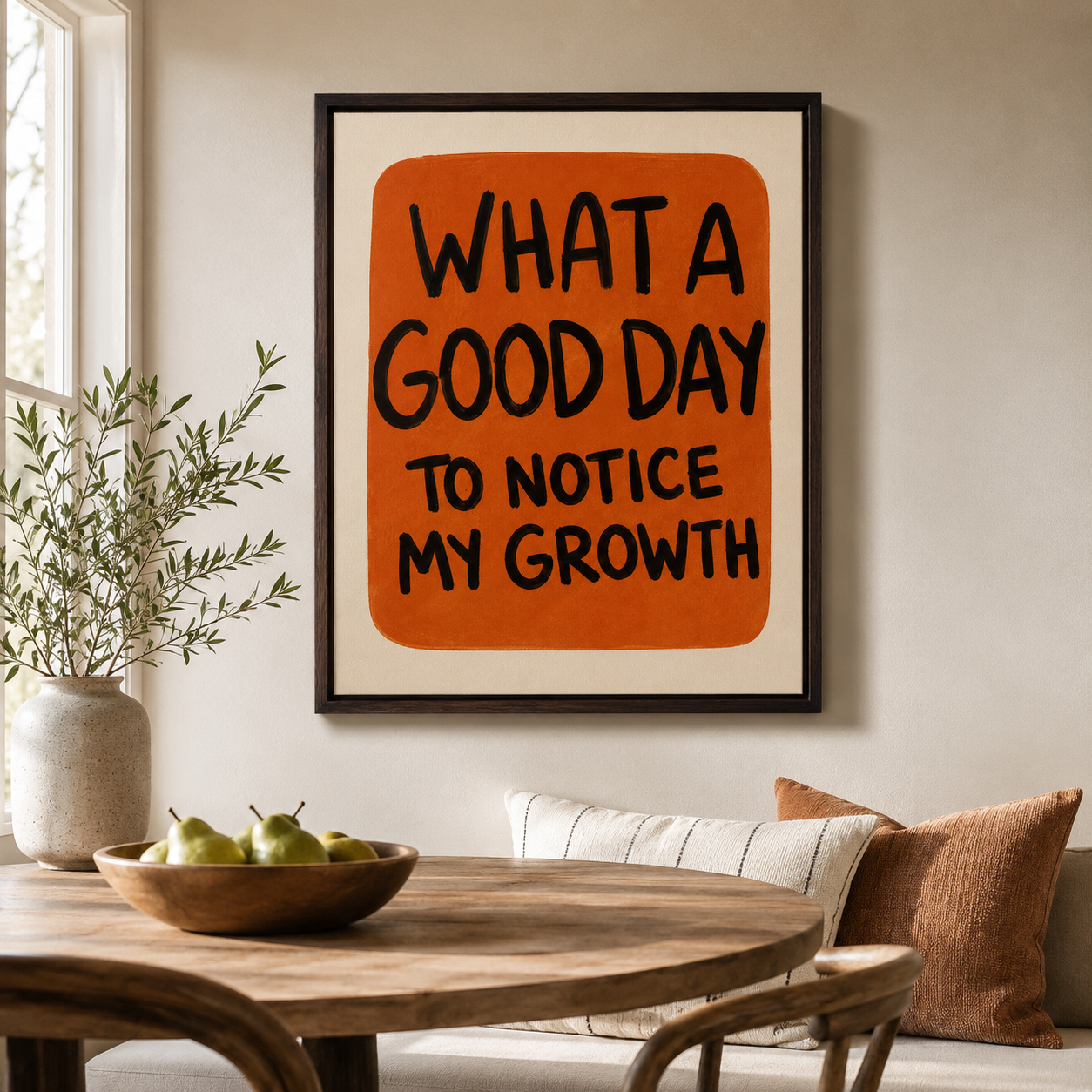 Motivational growth quote canvas wall art in dining room mockup