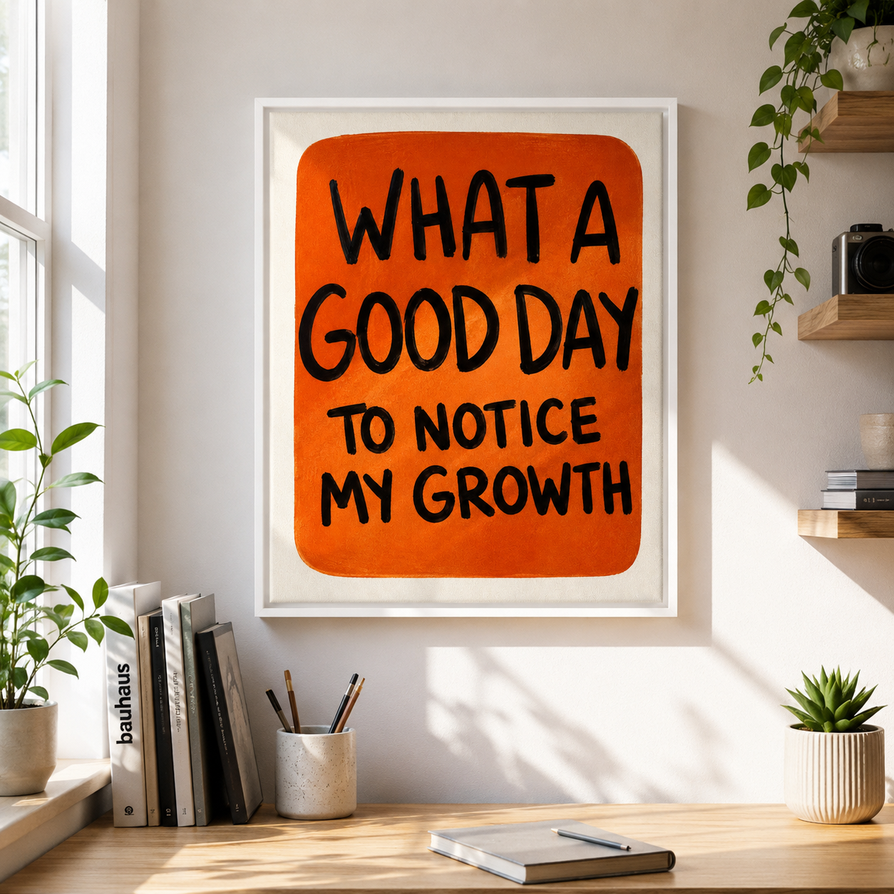 Motivational growth quote canvas wall art in office mockup