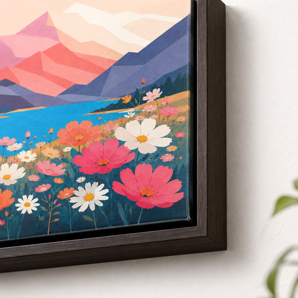 Mountain wildflower canvas wall art espresso frame close-up