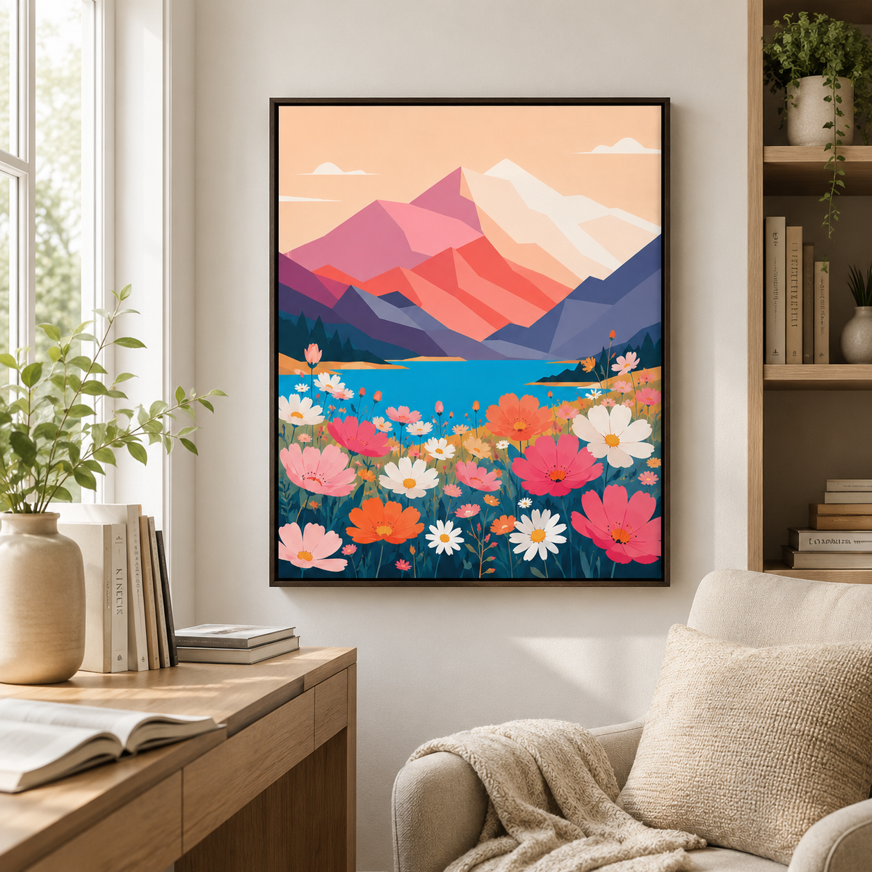 Mountain wildflower canvas wall art home office mockup