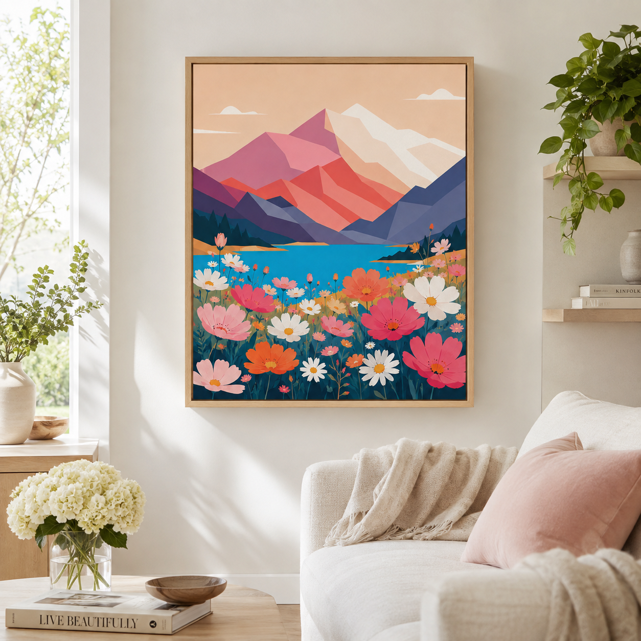 Mountain wildflower canvas wall art living room mockup
