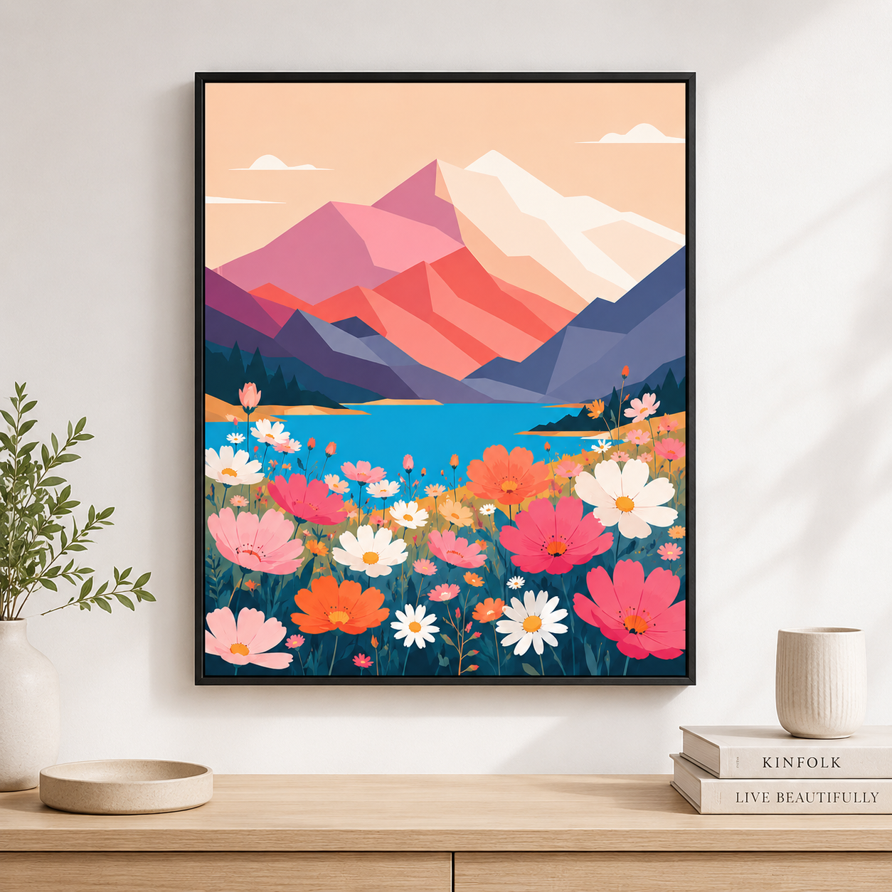Mountain wildflower canvas wall art black frame mockup