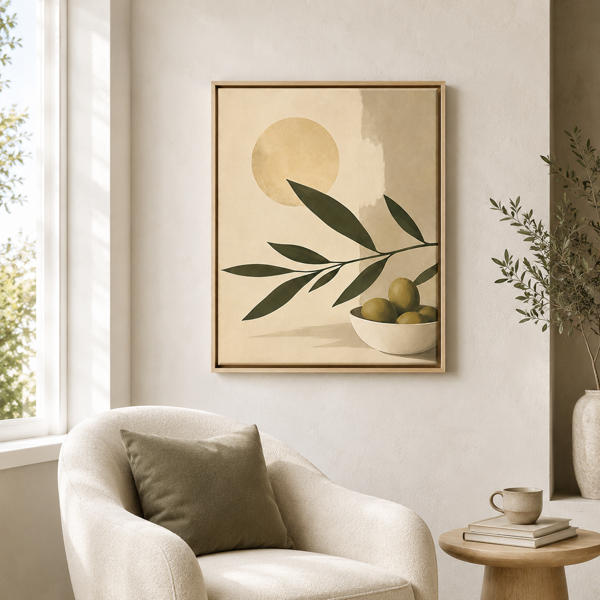 Olive Branch Canvas Wall Art in a natural wood frame