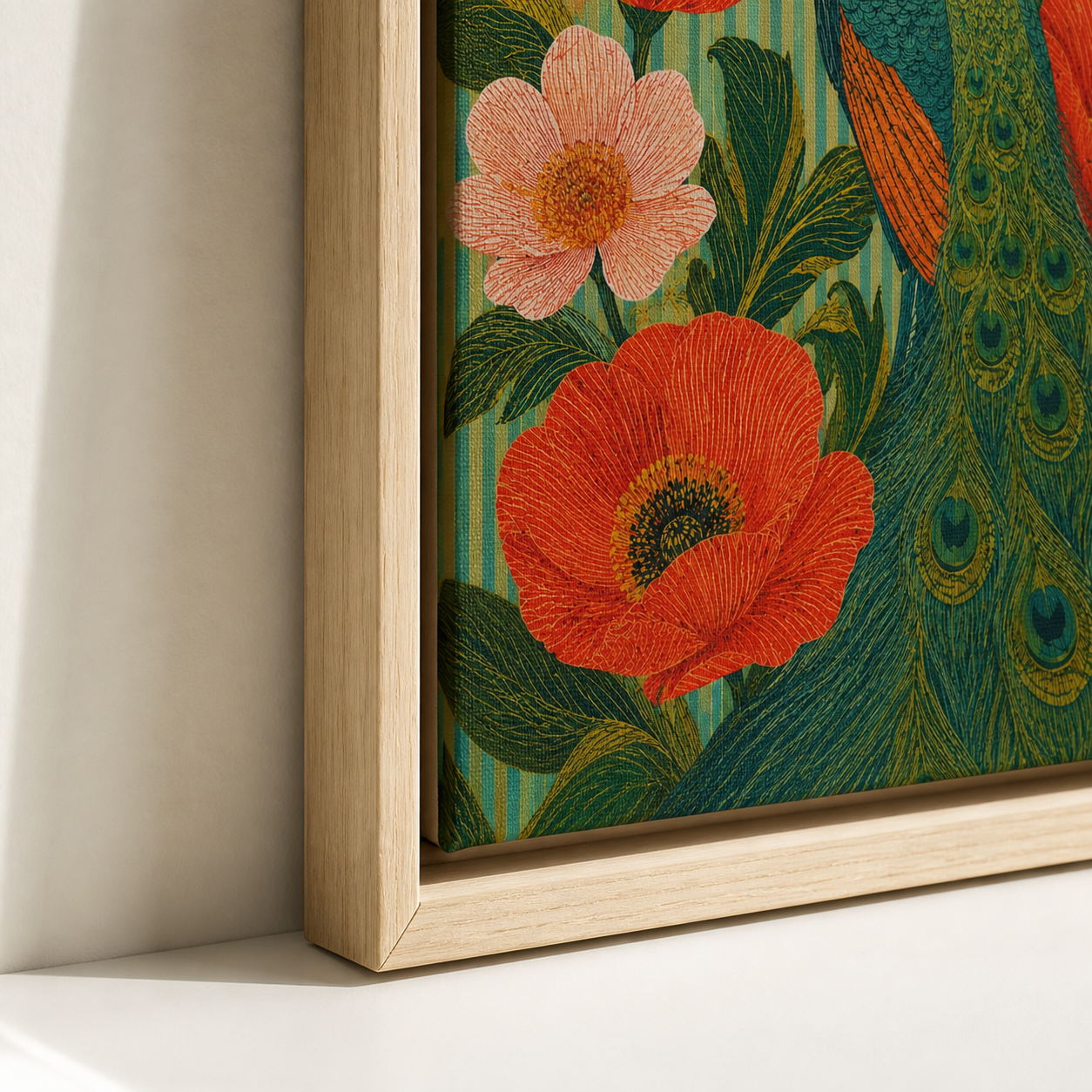 Peacock Canvas Wall Art natural frame close-up