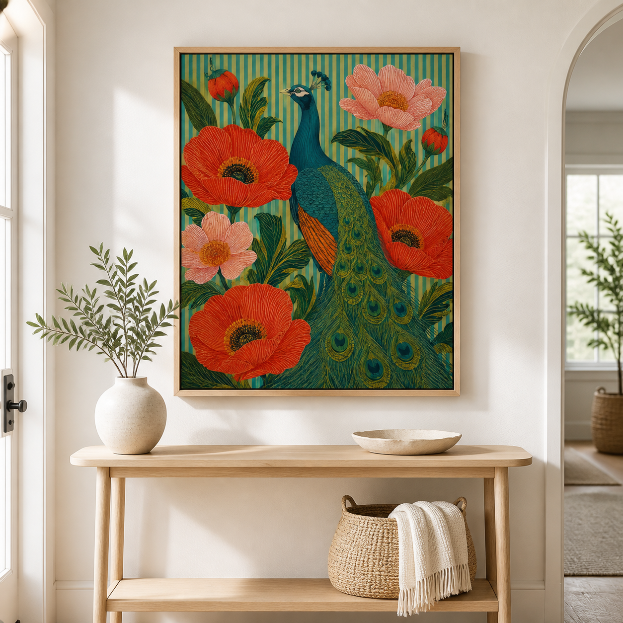 Peacock Canvas Wall Art entryway mockup