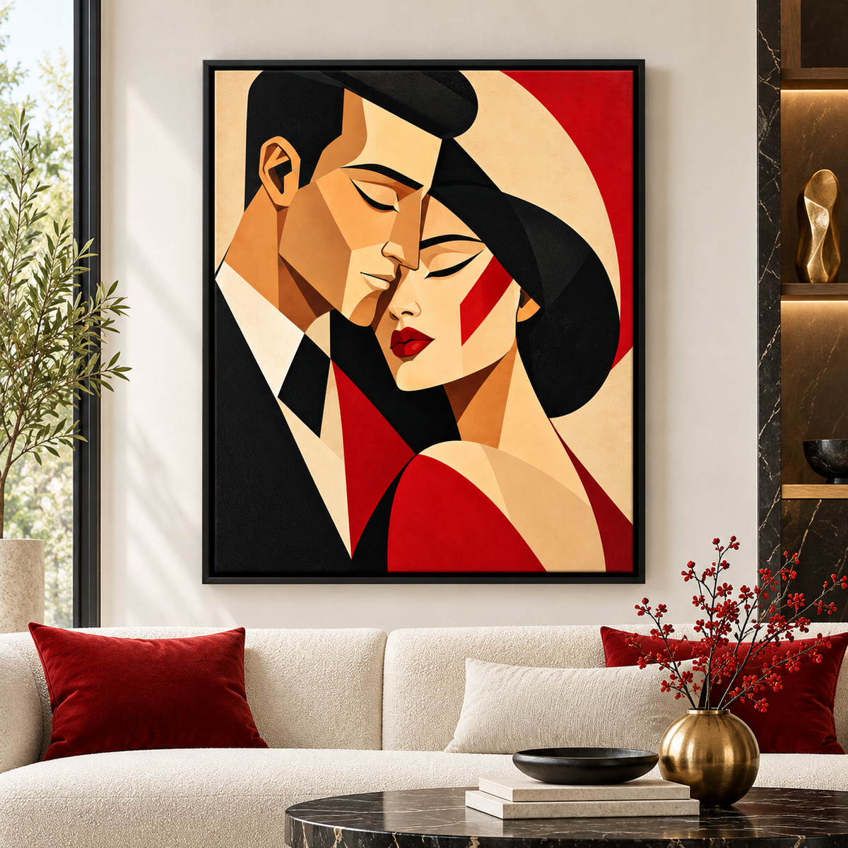 Red and black geometric couple canvas wall art in a black frame above a cream sofa