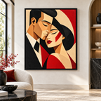 Red and black geometric couple canvas wall art in a black frame with modern living room decor