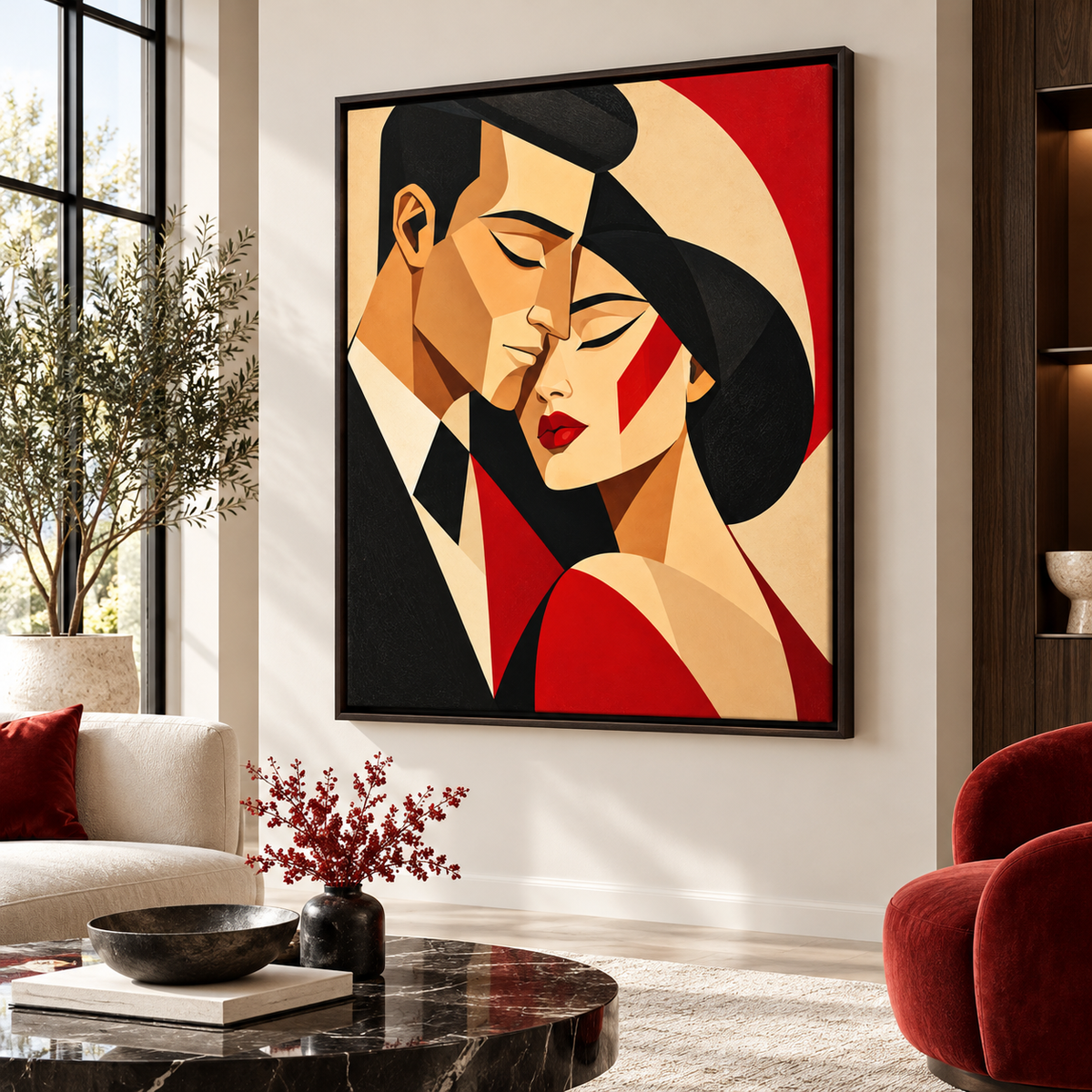 Red and black geometric couple canvas wall art in an espresso frame beside a red armchair