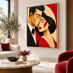 Red and black geometric couple canvas wall art in a natural frame in a bright living room