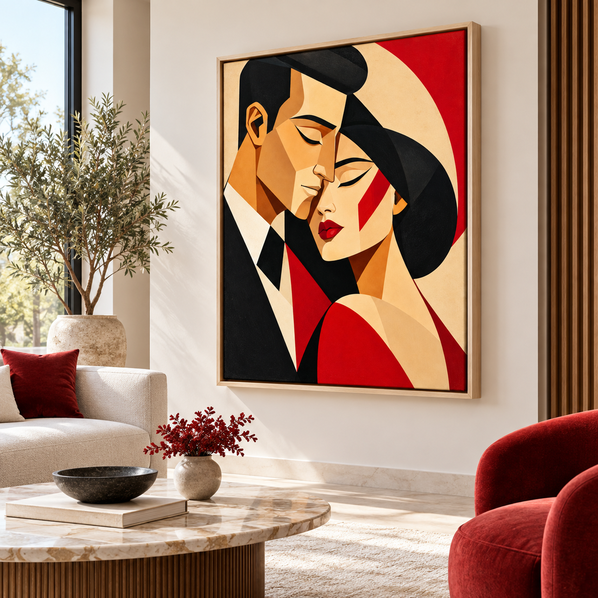 Red and black geometric couple canvas wall art in a natural frame in a bright living room