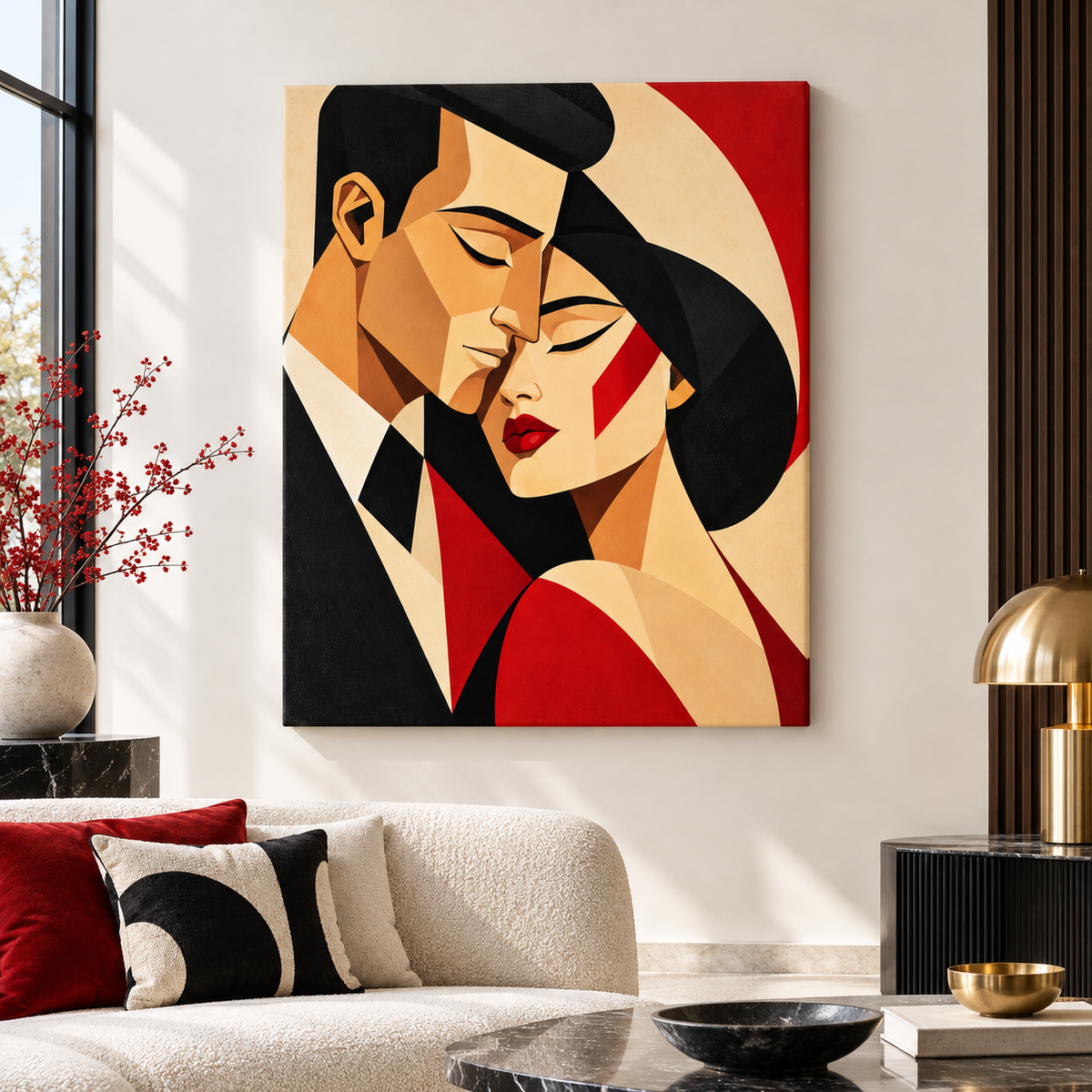 Red and black geometric couple unframed canvas wall art with warm cream and gold tones