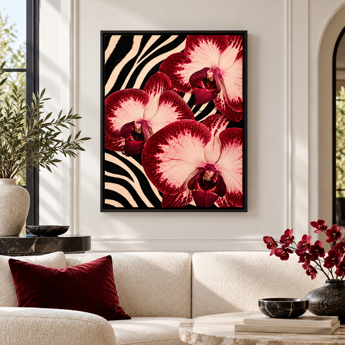 Red orchid zebra print canvas wall art in a black frame above a sofa with burgundy cushions