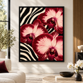 Red orchid zebra print canvas wall art in a black frame in a neutral living room