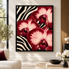 Red orchid zebra print canvas wall art in a black frame in a neutral living room