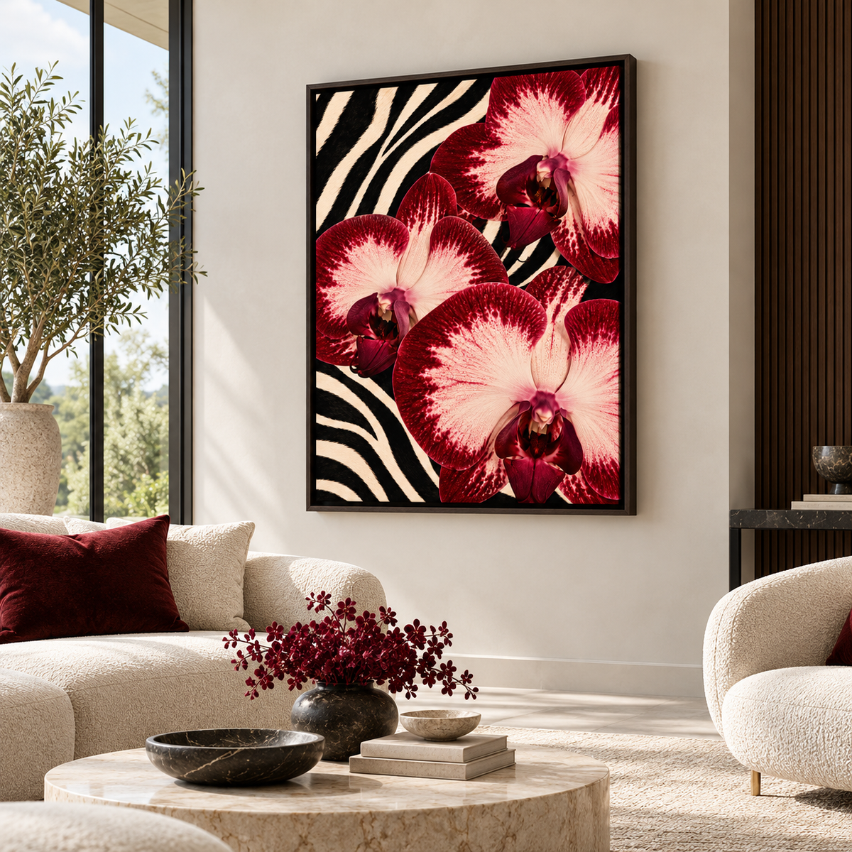 Red orchid zebra print canvas wall art in an espresso frame above a cream sofa