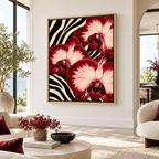 Red orchid zebra print canvas wall art in a natural wood frame in a bright living room