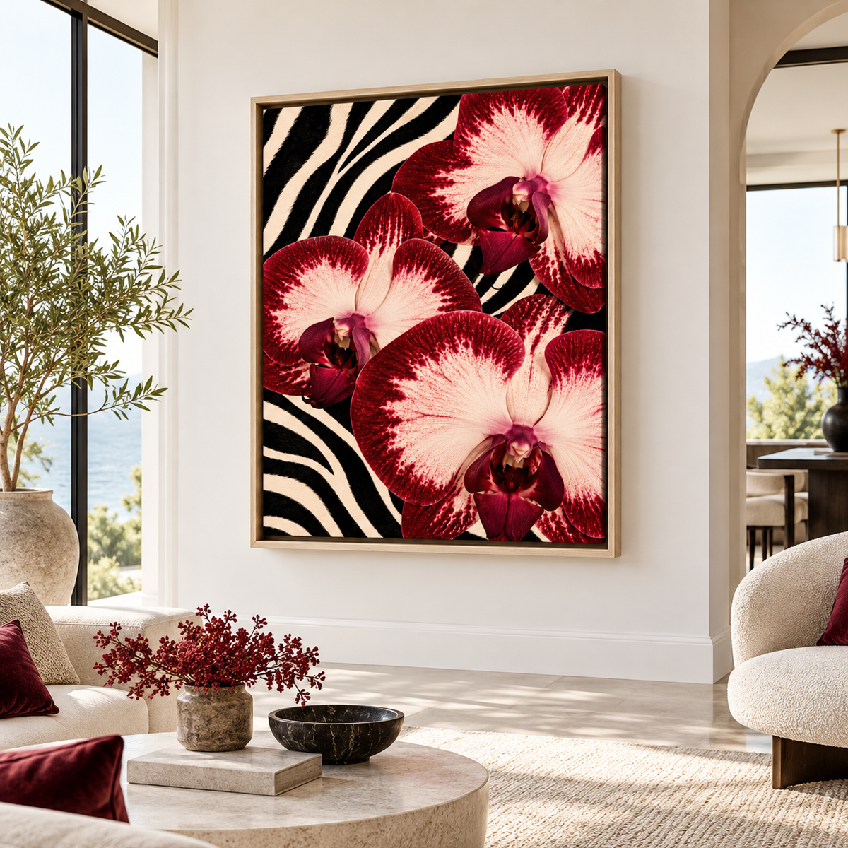 Red orchid zebra print canvas wall art in a natural wood frame in a bright living room