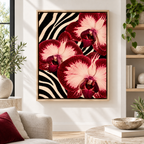 Red orchid zebra print canvas wall art in a natural frame beside a cream armchair