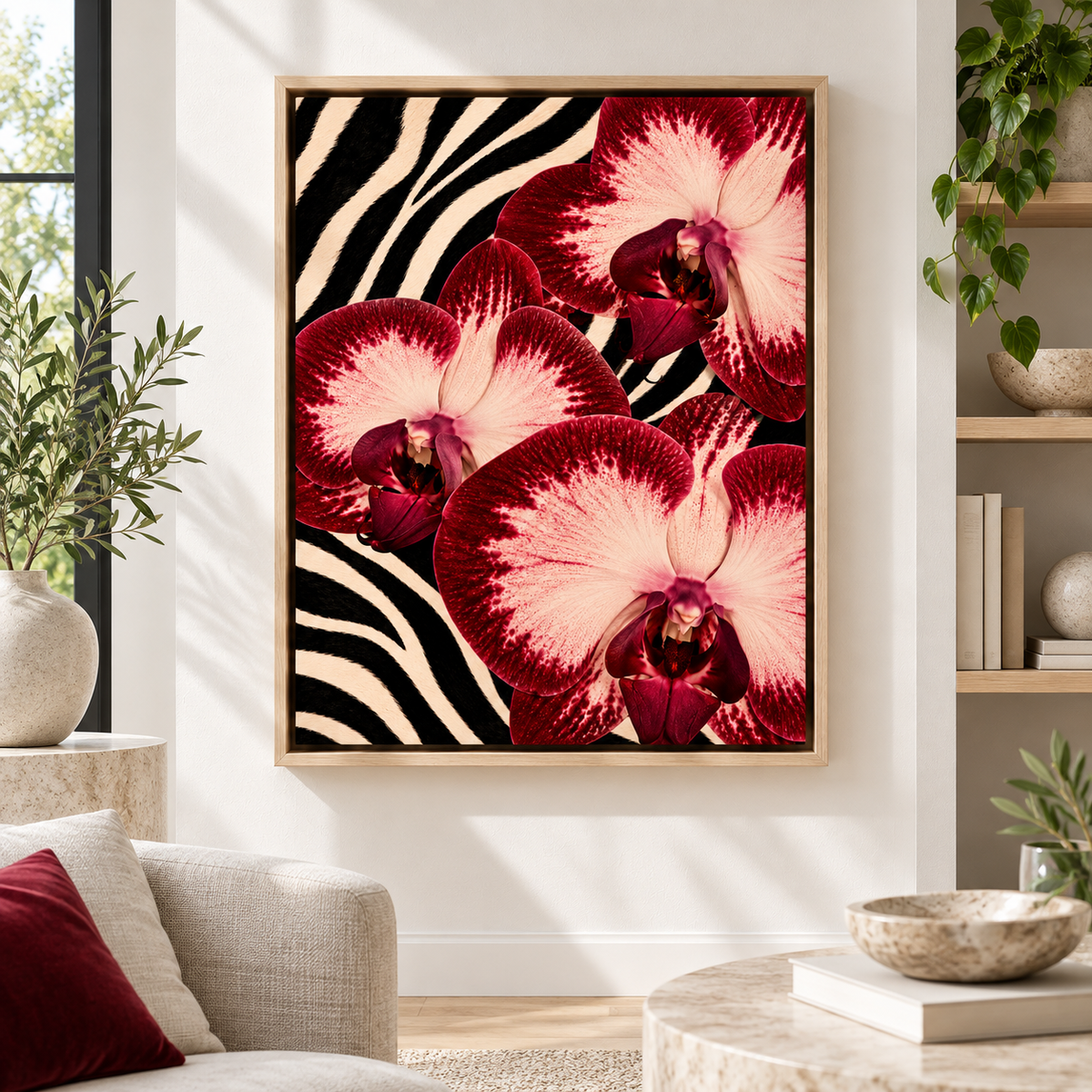 Red orchid zebra print canvas wall art in a natural frame beside a cream armchair
