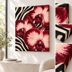 Red orchid zebra print unframed canvas wall art with close-up views of canvas texture and wrapped edges