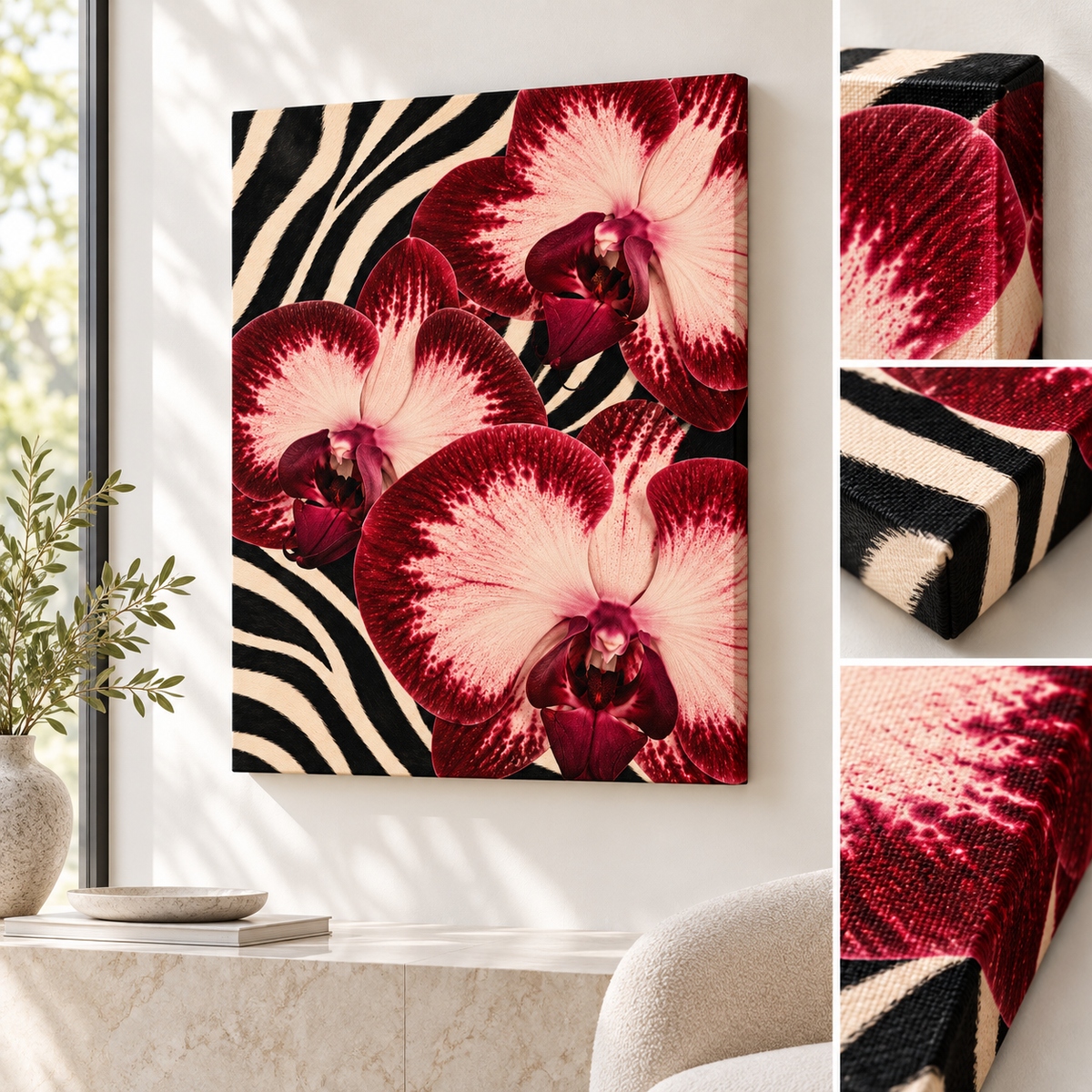 Red orchid zebra print unframed canvas wall art with close-up views of canvas texture and wrapped edges