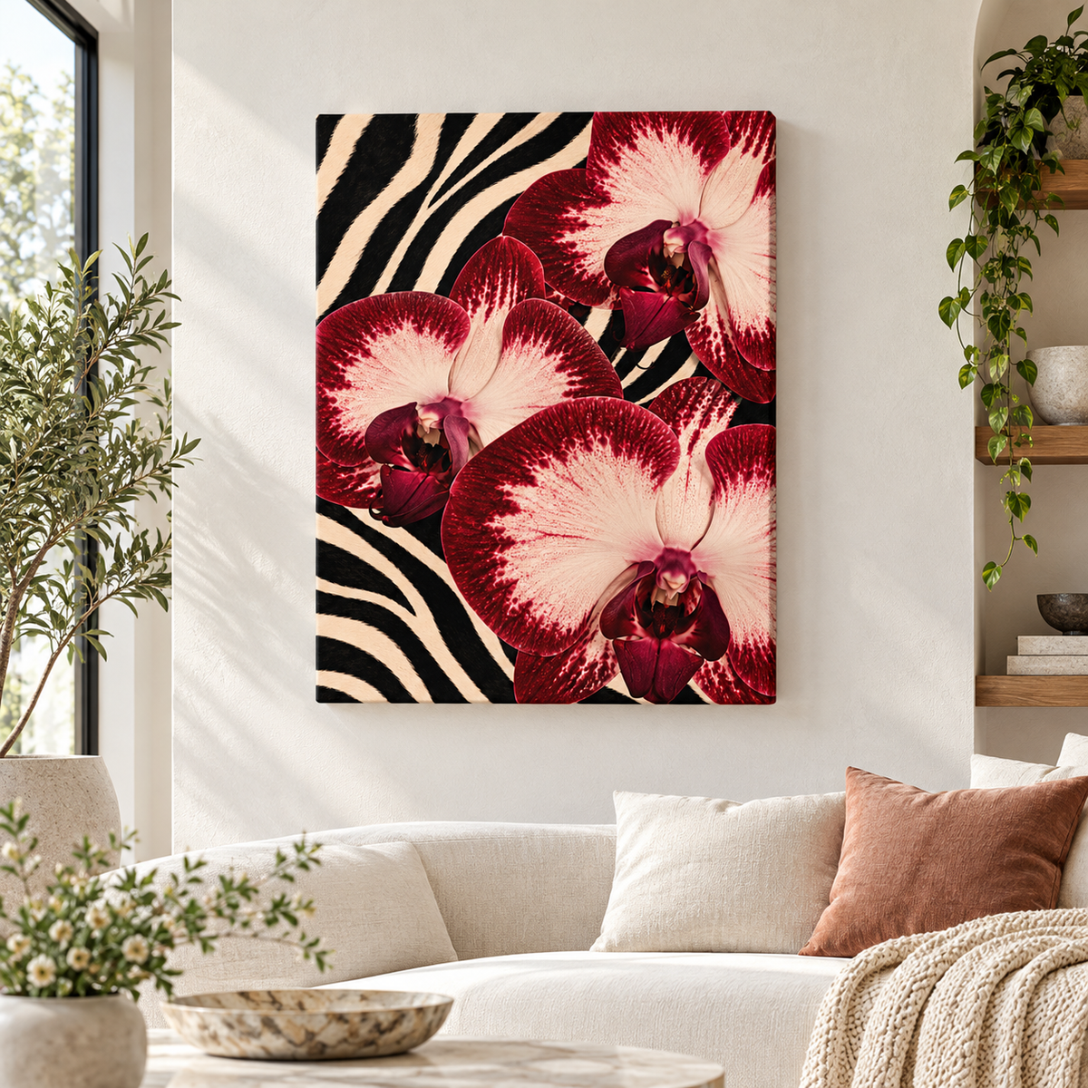 Red orchids on a zebra stripe background as unframed canvas wall art above a sofa