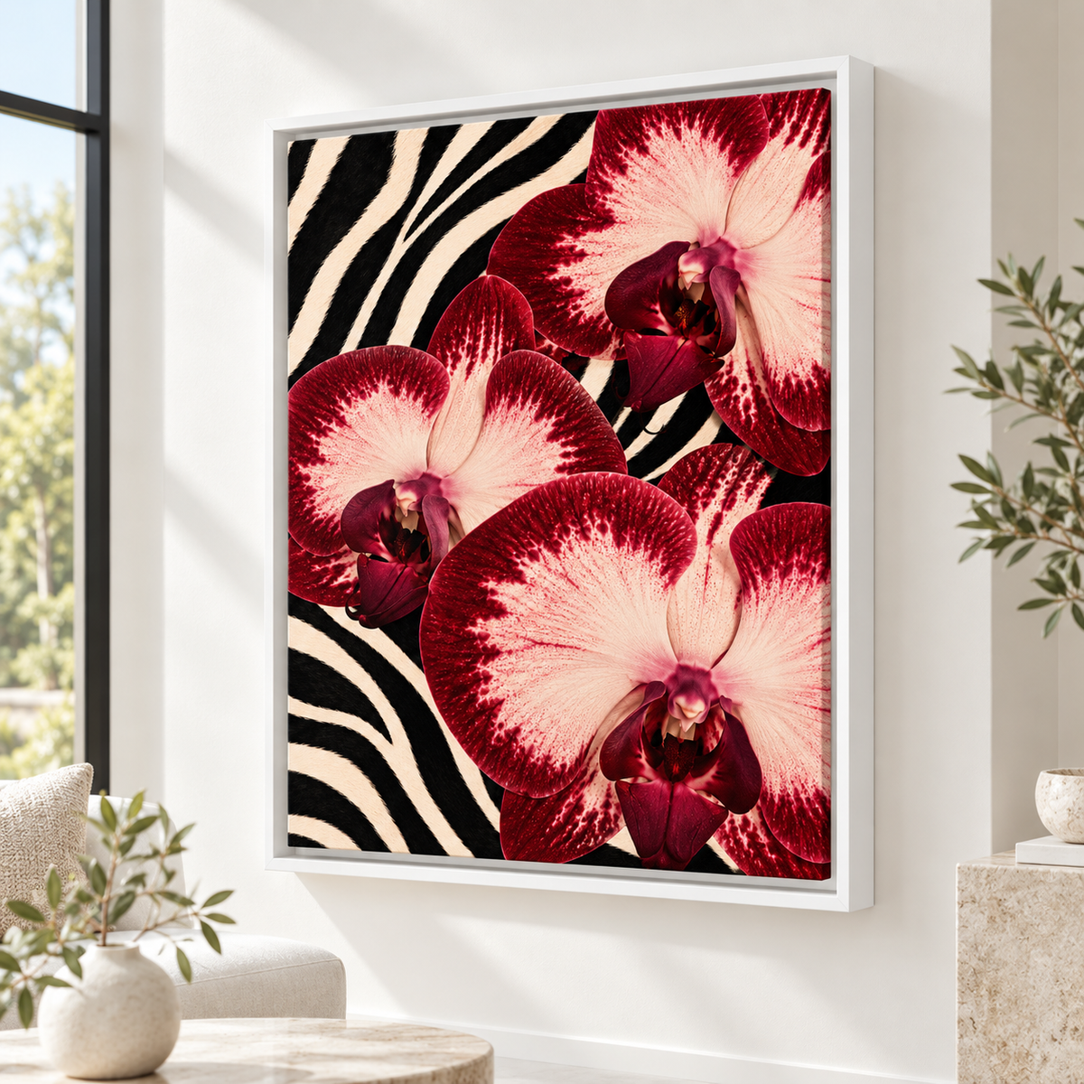Angled view of red orchid zebra print canvas wall art in a white frame