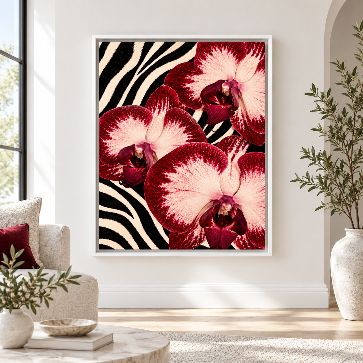 Red orchid zebra print canvas wall art in a white frame with neutral living room decor