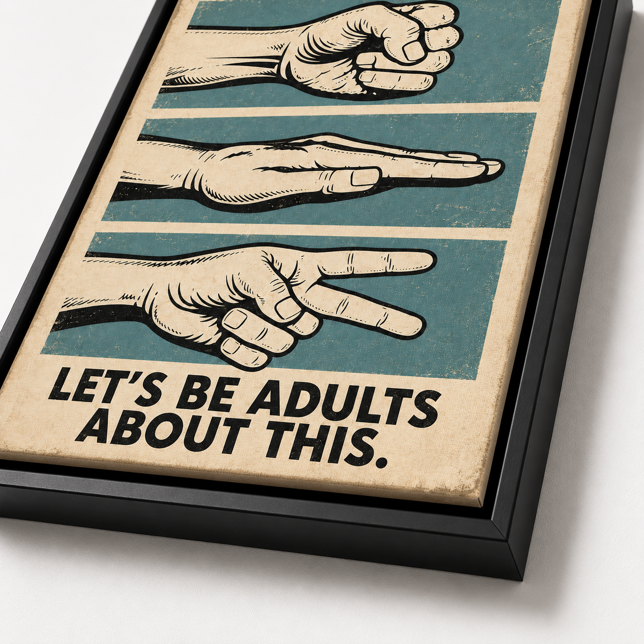Rock paper scissors canvas art close-up with black frame
